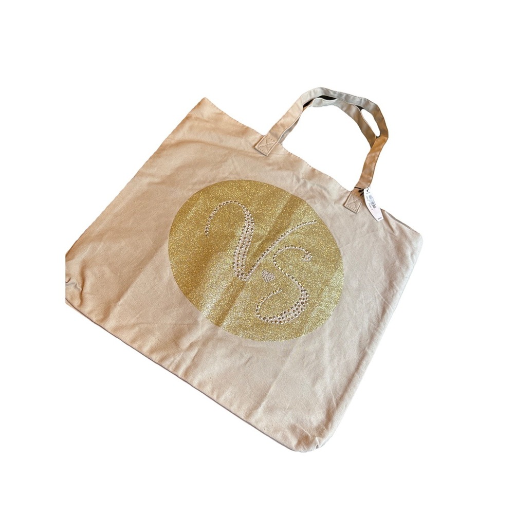 Victoria's Secret Tote Bag Canvas VS Gold Glitter Stud Lightweight New